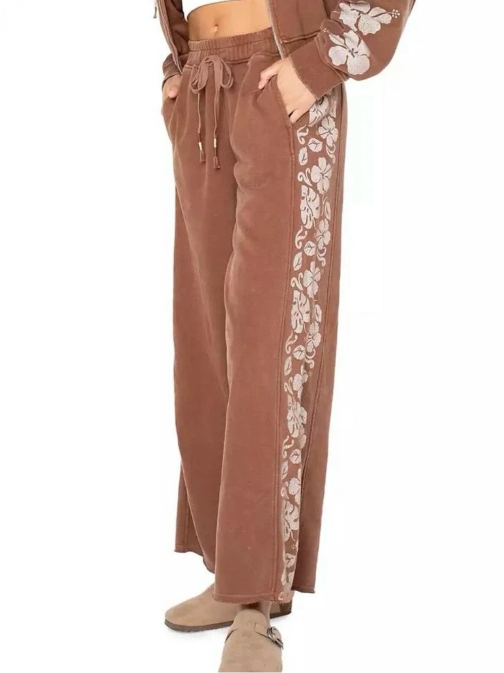 Roxy Fringing Reefs Wide Legged Sweatpants Brown Hibiscus Floral